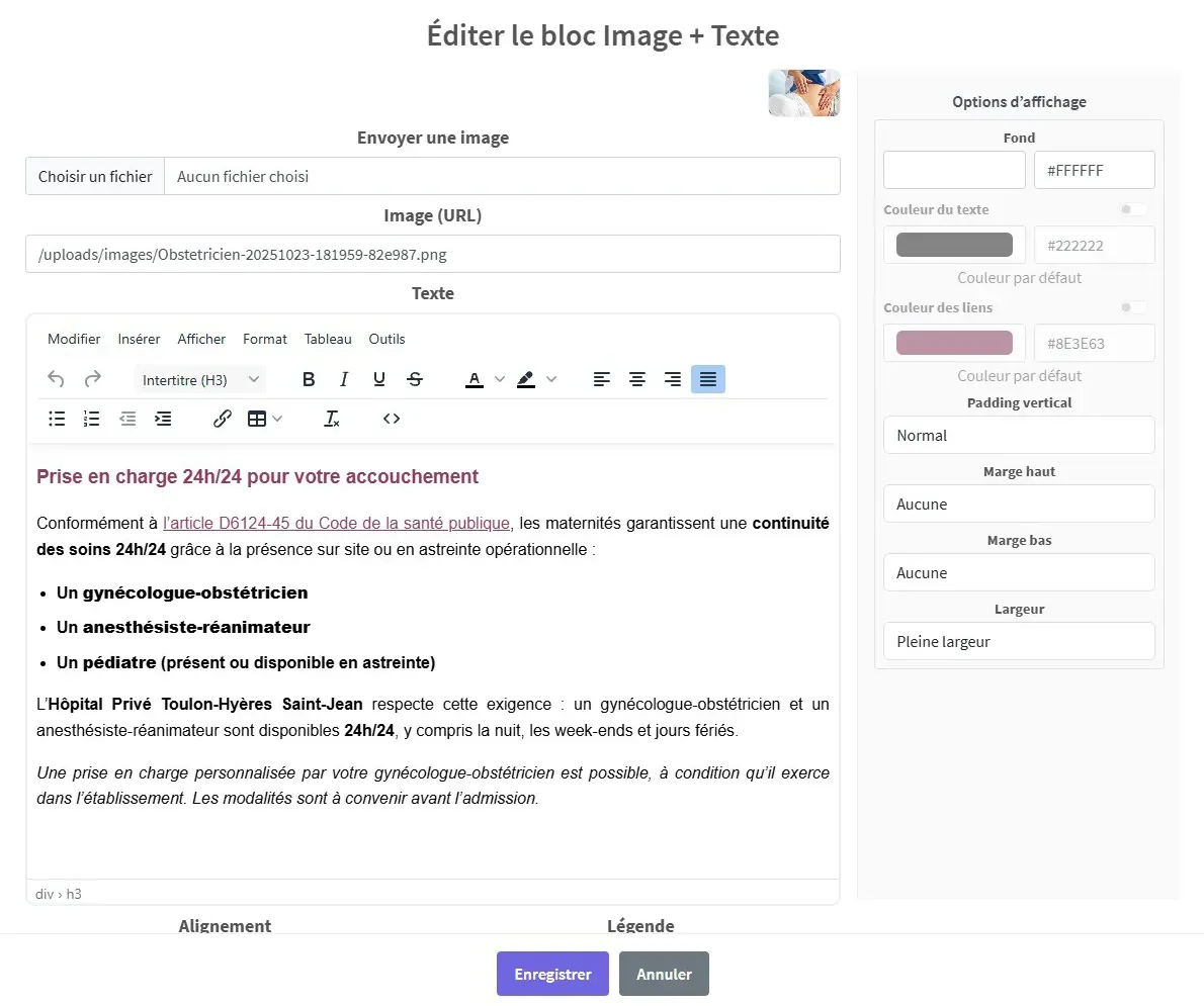 Édition détaillée d’un bloc image et texte