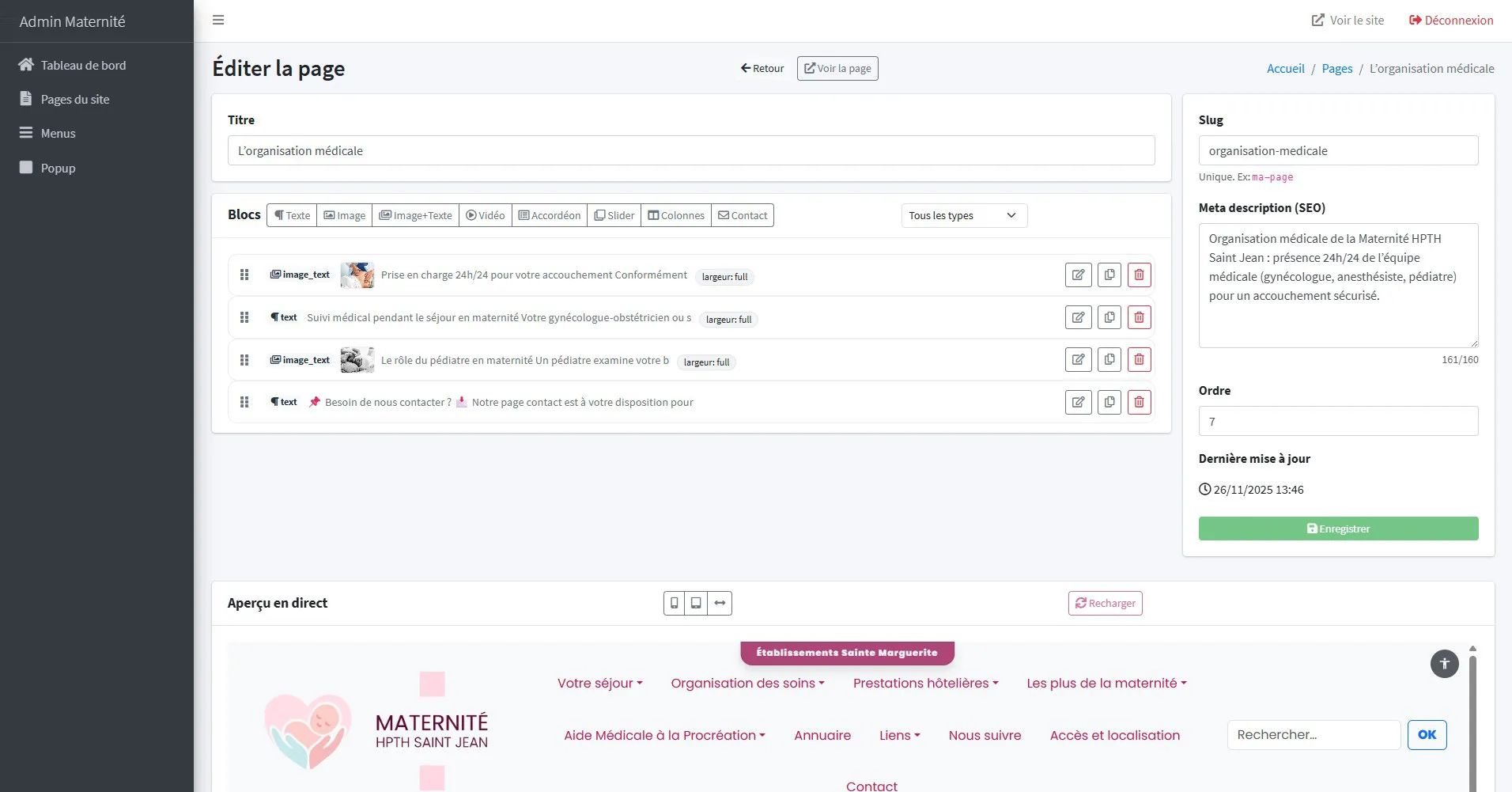Édition d’une page dans le back-office